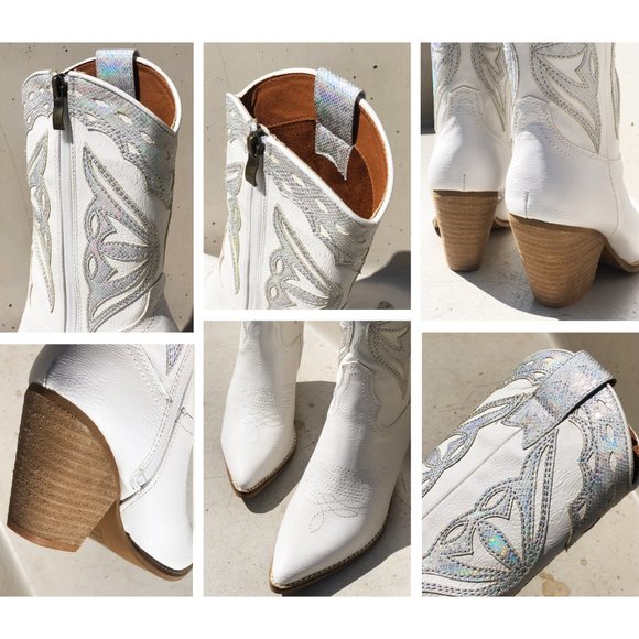 White Iridescent Metallic Applique Pointy Toe Block Heel Cowgirl Western Boots - Picture 10 of 15